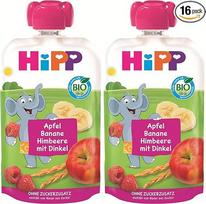 „HiPP Organic Quetschie“ obuolių, bananų ir aviečių su spelta – „Eddi Elephant“ (8 x 100 g), nuo 1 metų, vaisiai su neskaldytomis grūdų kruopomis, be pridėto cukraus, veganiški, aukščiausios ekologiškos kokybės (2 vnt. pakuotė)