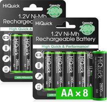 „HiQuick“ AA baterija, „Mignon“ AA NI-MH 2800 mAh, įkraunamos AA baterijos (1200 įkrovimo ciklų), mažas savaiminis išsikrovimas, su mažmeninės prekybos pakuote ir 8 baterijomis