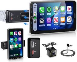 „Hodozzy RDS“ automobilių radijas „1 Din“ su belaidžiu „CarPlay“ ir „Android Auto“, 10,1 colio pasukamas ir nuimamas ekranas su USB Type-C / „Bluetooth“ 5.2 / „Mirror Link“ / FM / EQ / SWC + atbulinės eigos kamera