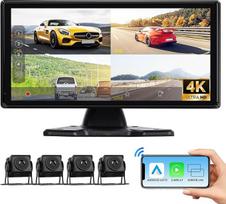 „Hodozzy“ 4K atbulinės vaizdo kameros rinkinys su 4 AHD atbulinės vaizdo kameros kabeliais, belaidis „CarPlay“ ir „Android Auto“, 10,36 colių jutiklinis ekranas su 4 atskirais vaizdo langais, „Bluetooth“, „AirPlay“, FM, ciklinis įrašymas, USB/TF, „CarPlay