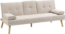 „HOMCOM“ 3-vietė sofa-lova su atlenkiamu staliuku ir gėrimų laikikliu, smėlio spalvos | Sofa, sofa-lova, sofa-lova su lino imitacija, svečių lova, skirta svetainei
