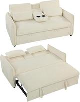 „HOMCOM“ dvivietė sofa-lova su miego funkcija „3-in-1“, 141 x 180 cm, smėlio spalvos | Išskleidžiama sofa-lova, reguliuojamas atlošas, šoninės kišenės, 2 pagalvėlės, gėrimų laikiklis, šenilio stiliaus apdaila, skirta svetainei