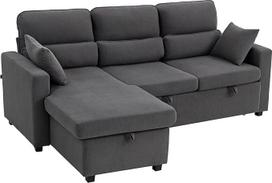 „Homcom“ kampinė sofa su miego funkcija, sofa-lova su daiktų dėže, tamsiai pilka | L formos sofa, pagalvėlės, 3 vietų, transformuojama kampinė sofa su velveto imitacija, sofa-lova, skirta svetainei ir svečių kambariui