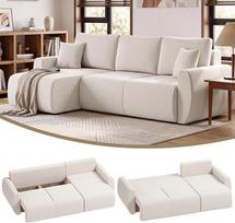 „HOMCOM“ kampinė L formos 3-vietė sofa-lova, kreminės spalvos | Dvipusė šezlongo tipo „2-in-1“ sofa-lova su pagalvėmis, velūro apmušalu, skirta svetainei, pagaminta ES