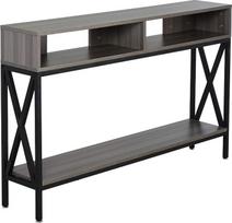 „HOMCOM“ konsolinis stalas, pramoninio stiliaus prieškambario stalas su daugybe daiktų laikymo vietų, 120 x 23,5 x 75 cm, medinis, pilkos spalvos | Kelios daiktų laikymo lentynos
