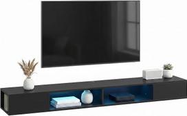 „HOMCOM“ pakabinama TV spintelė, 180 cm, su RGB LED apšvietimu, skirta 75 colių televizoriui, juoda | TV baldai, atviros lentynos, prie sienos montuojama TV spintelė, skirta svetainei