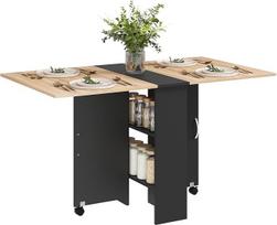 „HOMCOM“ sulankstomas stalas virtuvei, valgomajam, su ratukais, 75 x 140 x 74 cm (ilgis x plotis x aukštis), 2 integruotos medinės lentynos, spalva: juoda, šviesaus ąžuolo imitacija | 2 pakopų lentynos, ratukai, mažos patalpos, virtuvė, butas, valgomasis,