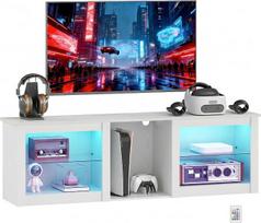 „HOMCOM“ TV spintelė su LED RGB apšvietimu, skirta iki 70 colių ekranams, 5 nišos, 160 x 35 x 52 cm, balta | TV baldai, medinė TV spintelė, reguliuojamos stiklinės lentynos, kabelių pravedimo anga, nuotolinio valdymo pultas, skirta svetainei ir miegamajam