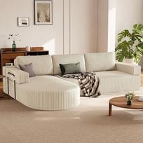 „HOMRELEXA“ kampinė sofa su miego funkcija, L formos sofa-lova su virveliniu apmušalu, sofa be vidinio karkaso | Svetainės sofa-lova su 75 cm sėdimojo ploto, modulinė sofa-lova su apvaliu šezlongu, smėlio spalvos