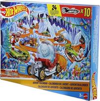 „Hot Wheels“ žaisliniai automobiliai ir žaidimų rinkinys, 2026 m. Advento kalendorius su 10 transporto priemonių 1:64 masteliu, 14 žiemos aksesuarų ir 10 tvirtinimo spaustukų, JLG41