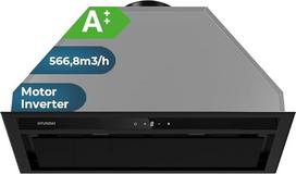 „Hyundai“ HCIN60DI00 integruota virtuvės garų ištraukimo gaubtė, 60 cm, juodas stiklas, našumas: 566 m³/h, 3 greičiai, 2 filtrai, 56 dB triukšmo lygis, jutiklinis valdymas, indaplovėje plaunami filtrai