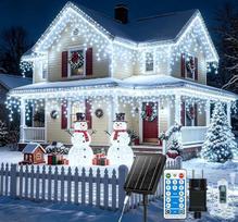 „Icicle Fairy Lights“ lauko saulės energija maitinamos ir kištukinės lemputės, 25 + 5 m, 880 LED, 8 šviesos režimai, 4 ryškumo lygiai, 4/6/8 val. laikmatis, atminties funkcija, 40 m nuotolinio valdymo pultas, IP65 atsparumas vandeniui, Kalėdų apšvietimas