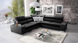 „IM SOFA“ kampinė L formos sofa su miego funkcija „PERS III“ – moderni svetainės sofa (juoda „Sawana“ + juoda dirbtinė oda, kairioji pusė)