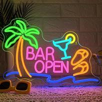 „ineonlife“ neoninis užrašas „Bar Open“ su palmių motyvu, LED užrašas „Cocktail Bar Open“, LED raidės sienų dekoravimui, Havajų stiliaus šviesos užrašai, užrašai barams, kokteilių barams, pubams, klubams, paplūdimio barams