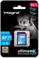 „Integral“ 64GB UHS-II SD kortelė V60, skaitymo greitis iki 280MB/s, rašymo greitis iki 100MB/s – profesionali greitaeigė SDXC atminties kortelė