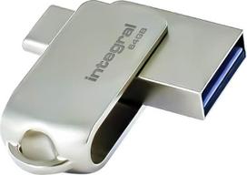 „Integral“ 64GB „360-Dual“ USB 3.2 Gen 1 tipo A ir USB-C atmintinė – duomenų perdavimo greitis 5Gbps – „Plug & Play“ – suderinama su stacionariais kompiuteriais, nešiojamaisiais kompiuteriais, išmaniaisiais telefonais, „iPhone 15/16“, „MacBook Pro/Air“