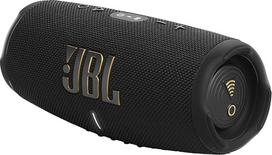 „JBL Charge 5“ belaidis garsiakalbis su „Bluetooth“ ir „Wi-Fi“, atsparus vandeniui ir dulkėms, su integruotu išoriniu akumuliatoriumi, iki 20 valandų baterijos veikimo trukmė, juodos spalvos