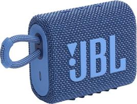 „JBL GO 3 Eco“ – nedidelis „Bluetooth“ garsiakalbis, pagamintas iš perdirbtų medžiagų – mėlynos spalvos – vandeniui atsparus nešiojamas garsiakalbis kelionėms – iki 5 valandų grojimo laiko vienu baterijos įkrovimu