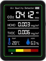 „Jectse“ 5-in-1 oro kokybės detektorius CO2, TVOC, HCHO | Įkraunamas oro kokybės matuoklis su temperatūros ir drėgmės jutikliais, C tipo USB jungtimi, skirtas naudoti patalpose