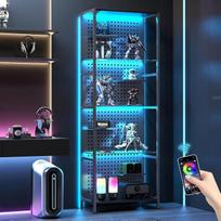 „Jehiatek“ LED RGB stiklinė vitrina – 4 aukštų atvira kolekcionierių vitrina su perforuota sienele ir valdymu per programėlę, apšviesta lentyninė vitrina, skirta veiksmo figūrėlėms ir kolekcionuojamiems daiktams, juodos spalvos, skirta žaidimų kambariui