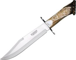 „Joker“ – medžioklinis peilis „Bowie“ 25" CT101, rankomis išdrožta elnio rago rankena, diržinis peilis su 25 cm ilgio „MOVA“ plieno ašmenimis, rudos odos makštis, įrankis žvejybai, medžioklei, stovyklavimui ir pėsčiųjų žygiams