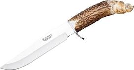 „Joker“ medžioklinis peilis CT34 „Jabato“ – rankomis išdrožta elnio rago rankena, alpinistinis peilis su 17 cm ilgio „MOVA“ plieno ašmenimis, komplektuojamas su rudos odos dėklu; tinka žvejybai, medžioklei, stovyklavimui ir pėsčiųjų žygiams
