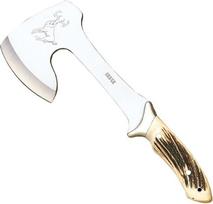 „Joker“ – medžioklinis kirvis „Cazador HC00“ su elnio rago rankena, išgyvenimo kirvis su 21 cm ilgio ašmenimis + rudos odos dėklu; įrankis, skirtas žvejybai, medžioklei, stovyklavimui ir pėsčiųjų žygiams