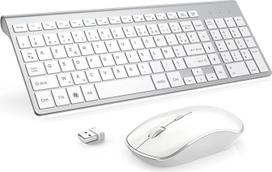 „Joyaccess“ belaidė klaviatūra, 2,4 GHz, ypač plona, kompaktiška, nešiojama, tyli, 2400 DPI, ergonomiška klaviatūra, skirta kompiuteriui, išmaniajai televizijai ir kompiuteriui (AZERTY išdėstymas) – balta-sidabrinė