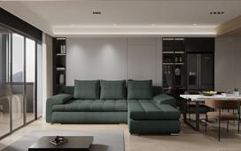 „Kaiser Möbel“ – kampinis sofos-lovos komplektas su miego funkcija ir daiktų laikymo dėže – „Tomi“ sofa svetainei – „Living Landscape“ L formos – „Abriamo“ bouclé apmušalas – 150 x 237 x 85 cm – dešinė pusė, tamsiai žalia