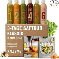 „Kale&Me“ „Saftkur Classic“ 3 dienų programa – 18 sunumeruotų 320 ml talpos buteliukų – 6 skirtingi šalto spaudimo sulčių rūšys – veganiški, be priedų ir konservantų – 689 kcal per dieną – su programos vadovu
