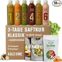 „Kale&Me“ sulčių programa „Classic“ (3 dienos) – 18 butelių po 320 ml – 6 skirtingi šalto spaudimo sulčių rūšys – veganiški, be priedų ir konservantų – su instrukcija ir daržovių sultinio milteliais, skirtais vartoti kartu su programa