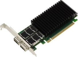 „KALEA-INFORMATIQUE“ PCIe tinklo valdiklio plokštė, skirta serveriams arba asmeniniams kompiuteriams, su dviem 100G QSFP28 prievadais. „Mellanox ConnectX 4“ lustų rinkinys. Palaiko 100GbE, 56GbE, 50GbE, 40GbE, 25GbE, 10GbE, 1GbE ir 1GbE.
