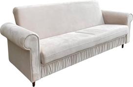 „Karen“ 3-vietė sofa-lova su daiktų laikymo dėže, miego funkcija, svetainės baldai, aksominė, smėlio spalvos, riešutmedžio kojos