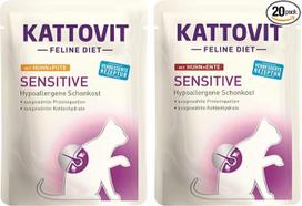 „Kattovit Feline Diet Sensitive“ rinkinys: 20 x 85 g / 10 x vištiena ir antis bei 10 x vištiena ir kalakutiena / skirtas žaliavų ir maistinių medžiagų netolerancijos simptomams mažinti + nemokamas „Miamor“ kremo maišelis