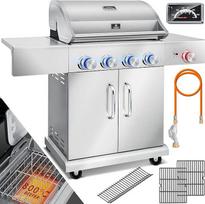 „KESSER® Master BBQ“ dujinis grilis su 800 °C infraraudonųjų spindulių funkcija ir grilio termometru, LED apšvietimu, 4+1 keraminių degiklių nerūdijančio plieno XXL grilio vežimėliu, šoniniu degikliu, skirtas 5–11 kg dujų balionui, pjezo uždegimu, sidabri