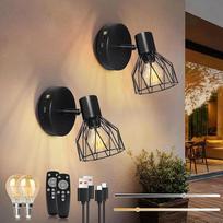 „Kimjo“ LED sieninis šviestuvas, skirtas naudoti patalpose, maitinamas baterijomis, su E14 lempute, juodos spalvos, 2 vnt. rinkinys | Perkraunami USB-C sieniniai šviestuvai, belaidis sieninis šviestuvas be maitinimo jungties, sieninis šviestuvas, skirtas