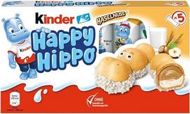 „Kinder Happy Hippo“ su lazdyno riešutais – Traškus vaflių delikatesas su pieno ir lazdyno riešutų kremu – 1 pakuotė, kurioje yra po 5 atskirus batonėlius po 20,7 g | Traškus vaflių delikatesas su pieno ir lazdyno riešutų kremu – smagus užkandis visai šei