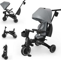 „Kinderkraft Jazz 3“ sulankstomas triratis dviratis, skirtas vaikams nuo maždaug 9 mėnesių iki 25 kg, 360° pasukama sėdynė, pusiau atlošama sėdynė į priekį ir atgal, UPF 50+ apsauginė stogelė, vandeniui atsparus, laisvosios eigos ir vairo režimai, pilkos