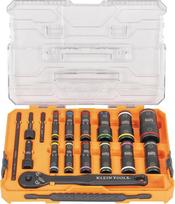 „Klein Tools“ 65626 KNECT giliųjų angų smūginių galvutės rinkinys, 3/8 colio pavara su ratchetu, 24 SAE ir metriniai galvutės dydžiai su lankstais, „MODbox“ dėklas, 18 dalių