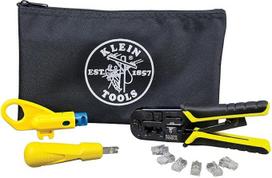 „Klein Tools“ VDV026-212 koaksialinių kabelių montavimo rinkinys su gnybimo įrankiu, kabelių kirpikliu, izoliacijos nuėmikliu ir F jungtimis bei laikymo maišeliu