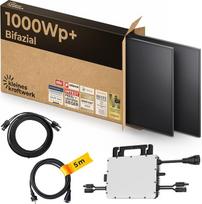 „Kleines Kraftwerk“ 1000 W balkono elektrinė „XL“ – pilnas komplektas: 800 W keitiklis su „Wi-Fi“ ir „Bluetooth“, 2 vnt. po 500 W dvipusės saulės baterijos, 5 m kabelis, kištukinis lizdas – saulės energijos sistema balkonui be tvirtinimo laikiklio