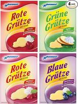 „Komet“ kruopų mišinys su manų kruopomis – 4 x 50 g (200 g) – desertinis miltelių mišinys – 4 skoniai: obuolių, vyšnių, aviečių ir mėlynių – vaisinis ir saldus – greitai paruošiamas – desertinio miltelių mišinio pakuotė