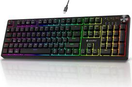 „KOORUI“ žaidimų klaviatūros, 26 RGB apšviesta mechaninė klaviatūra su laidu, 104 klavišai, pilno dydžio, britiškas išdėstymas su mėlynaisiais jungikliais, žaidimų klaviatūros, skirtos „Windows“, „macOS“ ir „Linux“
