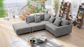 „Kuechen-preisbombe“ Minsk L „Living Landscape“ kampinė sofa iš audinio, šviesiai pilkos spalvos + pufas