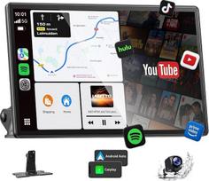 „LAMTTO“ 11 colių belaidis „CarPlay“ ekranas su „YouTube“ ir „TikTok“ vaizdo įrašų programėlėmis, nešiojamas automobilių radijas, skirtas „Apple CarPlay“ ir „Android Auto“ sistemoms, su galinio vaizdo kamera, navigacija, į korpusą įmontuotu jutikliniu ekr