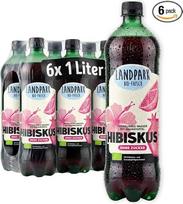 „Landpark“ ekologiškas gaivusis gėrimas su hibiskų ir granatų skonio - vaisinis, nesaldus - be cukraus ir saldiklių - 6 vnt. po 1 l PET butelių - veganiškas ir natūralus gazuotas mineralinis vanduo - be kalorijų