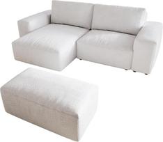 „Lanzo Bouclé“ kampinė sofa, 230 x 155 cm, reguliuojama, su pufu, kreminė / balta