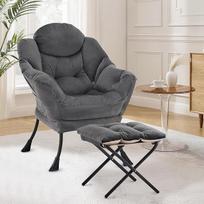 „Lazy Chair“ su pufu, svetainės fotelis su taburete, skaitymo fotelis, patogus fotelis, poilsio fotelis su pufu, atsipalaidavimo fotelis su kojų atrama, tamsiai pilkos spalvos