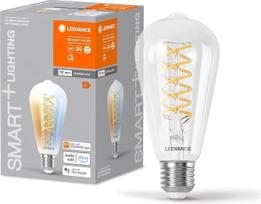 „LEDVANCE Smart+“ WiFi LED lemputė, balto stiklo, 8 W, 806 lm, „Edison“ formos, 64 mm skersmens, su E27 sruogele, reguliuojama balta šviesa (2700–6500 K), reguliuojamas šviesos stiprumas, valdymas per programėlę arba balsu, 15 000 valandų tarnavimo laikas