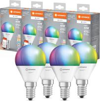 „Ledvance SMART+ MATTER“ LED lemputė, suderinama su „Google“, „Alexa“, „Apple“, balta matinė išvaizda, 4,9 W, 470 lm, E14, spalvota ir balta šviesa, valdymas per programėlę arba balsu, tarnavimo laikas iki 20 000 valandų, 4 vnt. pakuotė